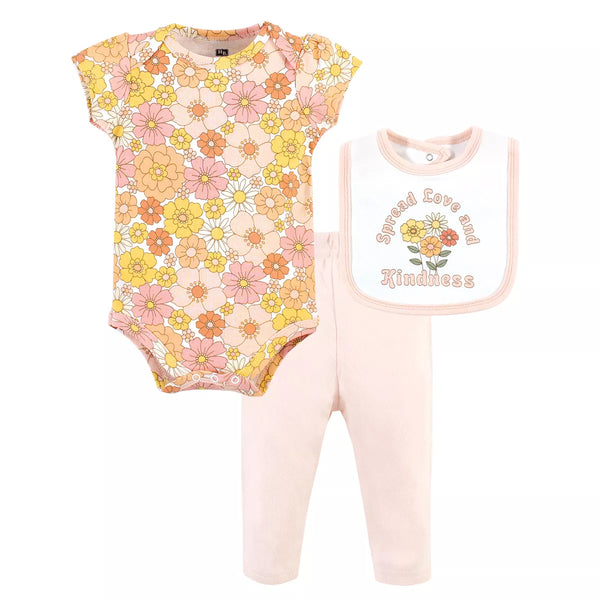 Hudson Baby Girl Baby Cotton Bodysuit, Pant and Bib Set, Peace Love Flowers