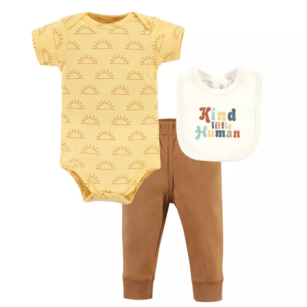 Hudson Baby Cotton Bodysuit, Pant and Bib Set, Kind Human