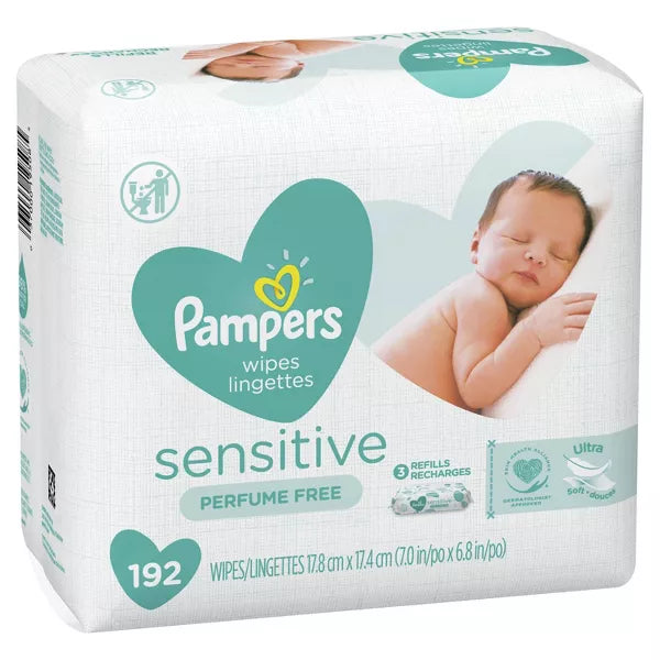 Pampers Baby Wipes Sensitive Perfume Free 3X Refill Packs 192 Count