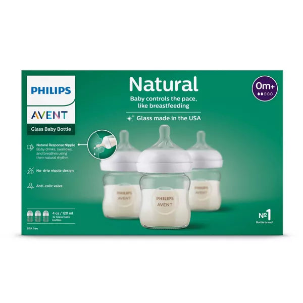 Philips Avent Glass Natural Baby Bottle With Natural Response Nipple 4oz. 3 pack