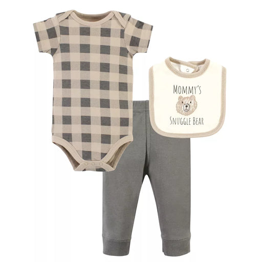 Hudson Baby Cotton Bodysuit, Pant and Bib Set, Snuggle Bear