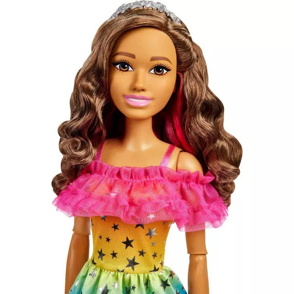 Barbie 28" Large Doll with Brown Hair and Rainbow Dress