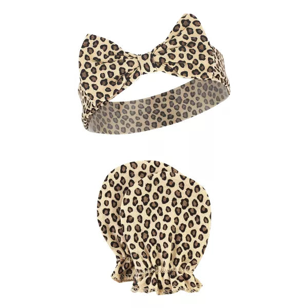Hudson Baby Cotton Headband and Scratch Mitten Set, Buffalo Plaid Leopard