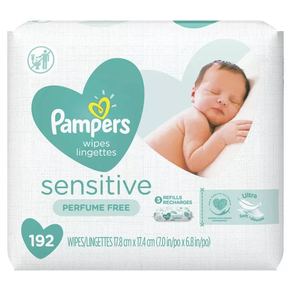 Pampers Baby Wipes Sensitive Perfume Free 3X Refill Packs 192 Count