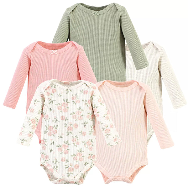 Hudson Baby Thermal Long Sleeve Bodysuits, Soft Pink Sage Rose, 5-Pack