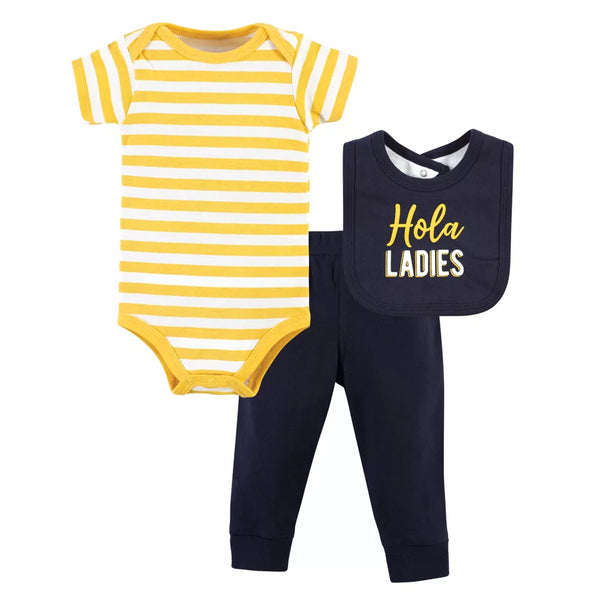 Hudson Baby Cotton Bodysuit, Pant and Bib Set, Hola Ladies