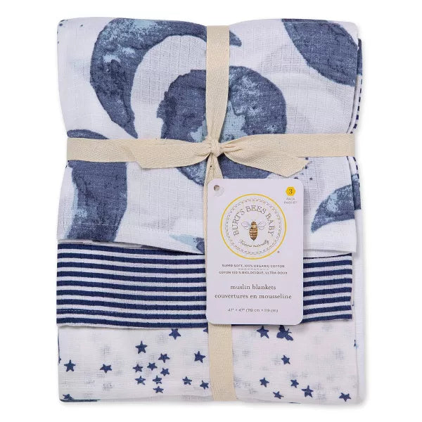 Burt's Bees Baby Woven Organic Cotton Muslin Blankets - Hello Moon, Set of 3
