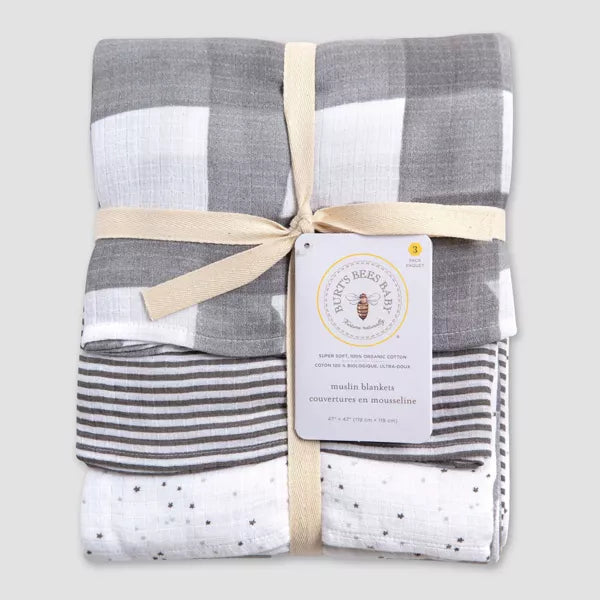 Burt's Bees Baby Woven Organic Cotton Muslin Blankets - 3 pack, Starry Eye