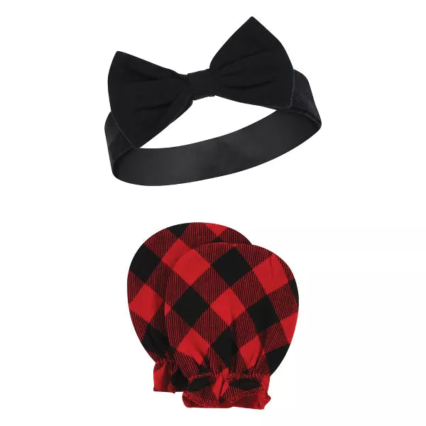 Hudson Baby Cotton Headband and Scratch Mitten Set, Buffalo Plaid Leopard