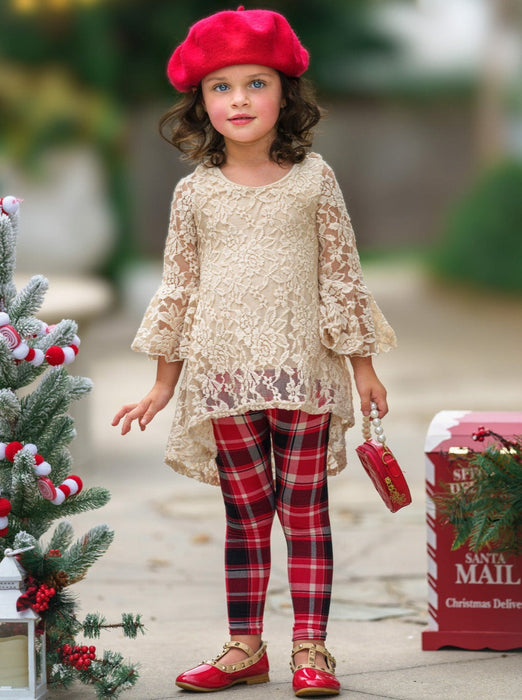 Mia Belle Girls Autumn Glow Lace Tunic Top and Checkered Legging Set