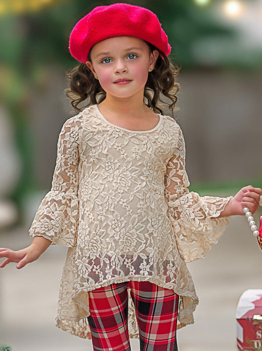 Mia Belle Girls Autumn Glow Lace Tunic Top and Checkered Legging Set