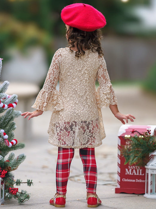 Mia Belle Girls Autumn Glow Lace Tunic Top and Checkered Legging Set