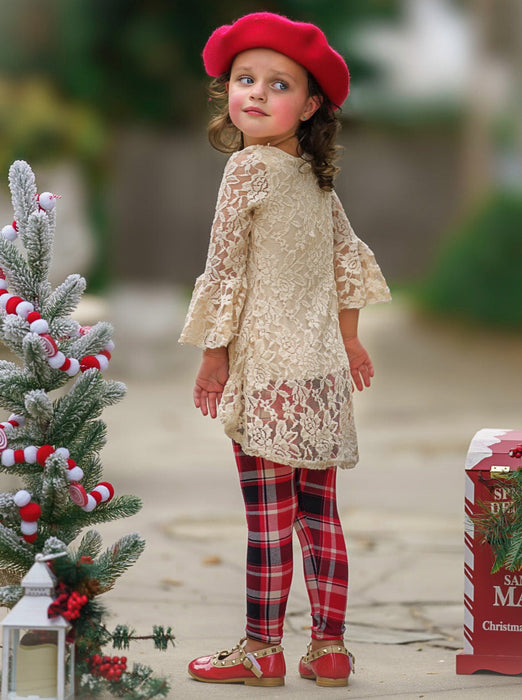 Mia Belle Girls Autumn Glow Lace Tunic Top and Checkered Legging Set