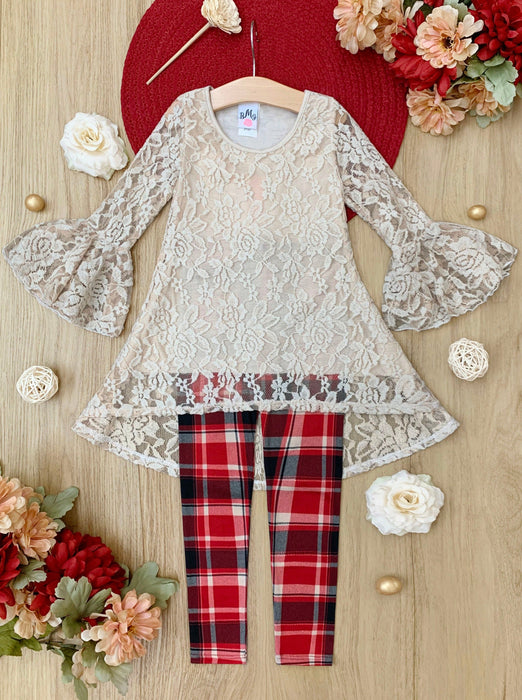 Mia Belle Girls Autumn Glow Lace Tunic Top and Checkered Legging Set