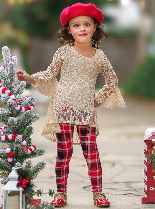 Mia Belle Girls Autumn Glow Lace Tunic Top and Checkered Legging Set