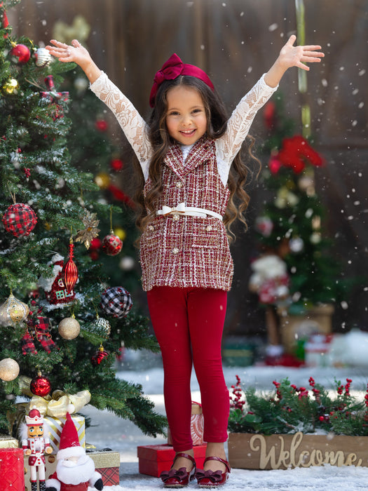 Mia Belle Girls Frosty and Chic White Lace Top, Vest, Belt and Legging Set