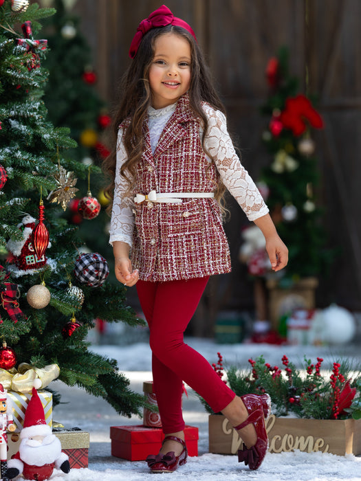 Mia Belle Girls Frosty and Chic White Lace Top, Vest, Belt and Legging Set