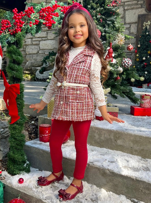 Mia Belle Girls Frosty and Chic White Lace Top, Vest, Belt and Legging Set