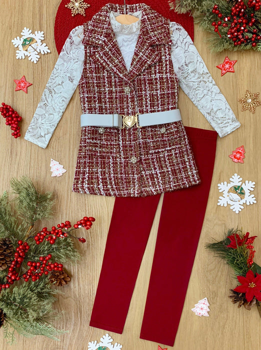 Mia Belle Girls Frosty and Chic White Lace Top, Vest, Belt and Legging Set