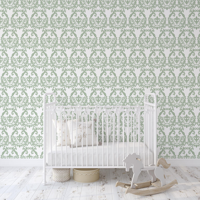 TeepeeJoy Floral Wallpaper Peel and Stick or Traditional - Green and White Damask