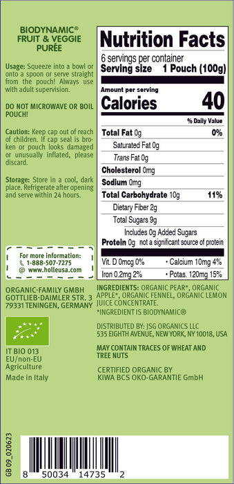 Holle Baby Food Pouches - Organic Fruit & Veggie Puree - Fennel Frog