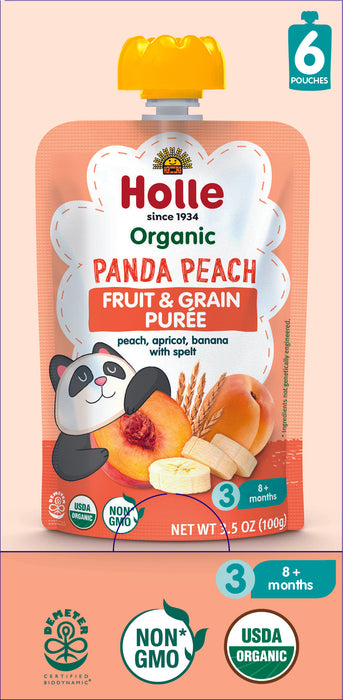 Holle Baby Food Pouches - Organic Fruit & Grain Puree -  Panda Peach