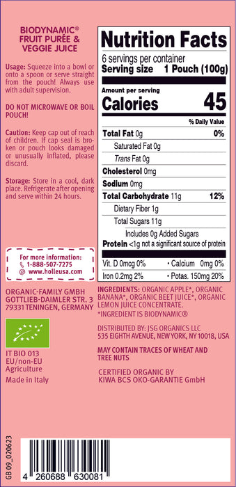 Holle Baby Food Pouches - Organic Fruit & Veggie Puree - Zebra Beet