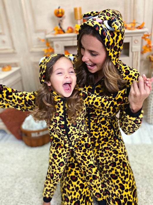 Mia Belle Girls Mommy and Me Leopard Hoodie Onesie Pajamas