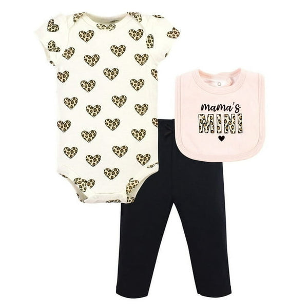 Hudson Baby Girl Baby Cotton Bodysuit, Pant and Bib Set, Leopard Hearts