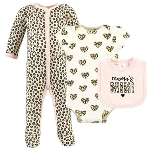 Hudson Baby Cotton Sleep and Play, Bodysuit and Bandana Bib Set, Leopard Hearts