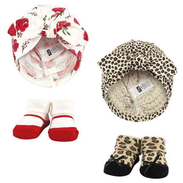 Hudson Baby Girls Turban and Socks Set, Red Rose Leopard, One Size