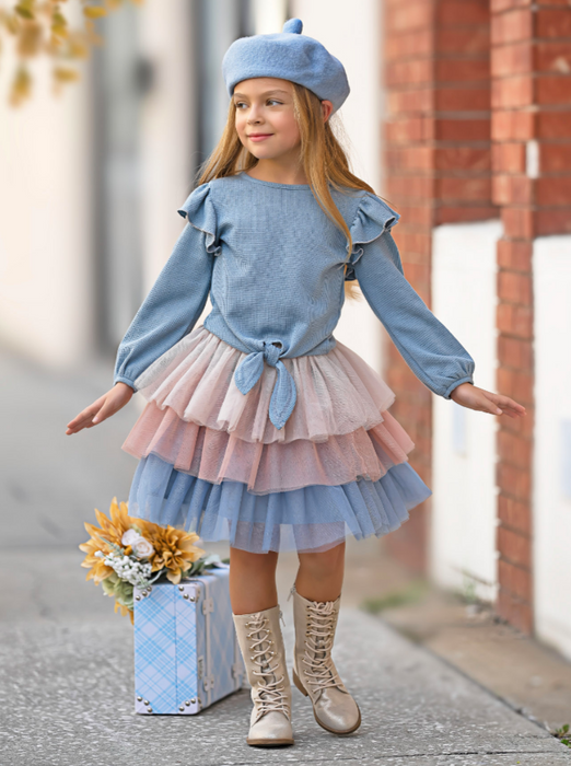 Mia Belle Girls Blue Ruffle Top and Layered Tutu Skirt Set