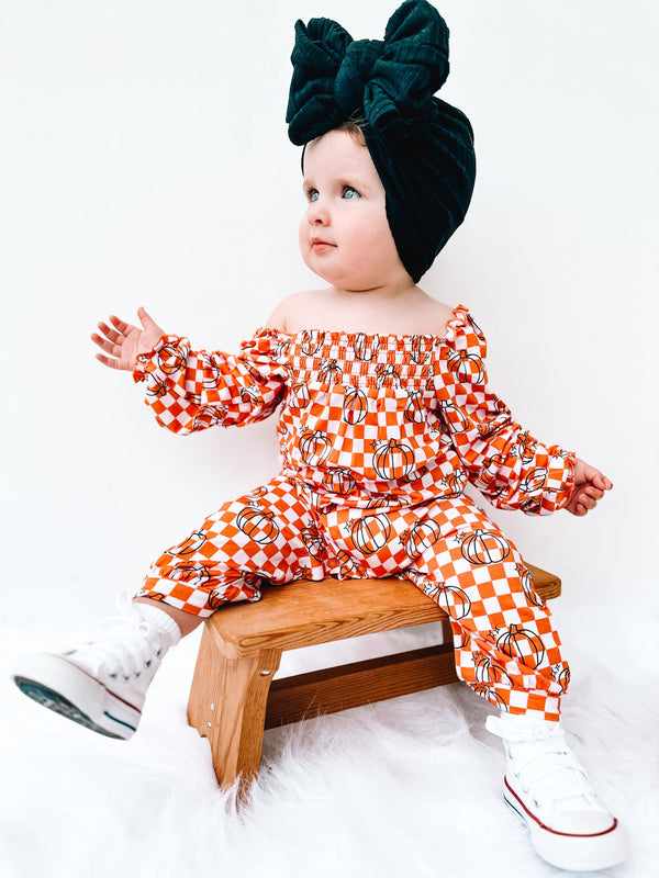 Dream Big Little Co PUMPKIN CHECKS DREAM SMOCKED JUMPSUIT