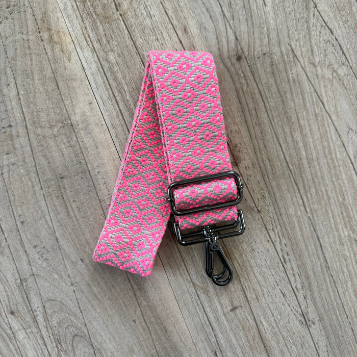 Poppy Pink and Tan Crossbody Bag Strap (Gunmetal)