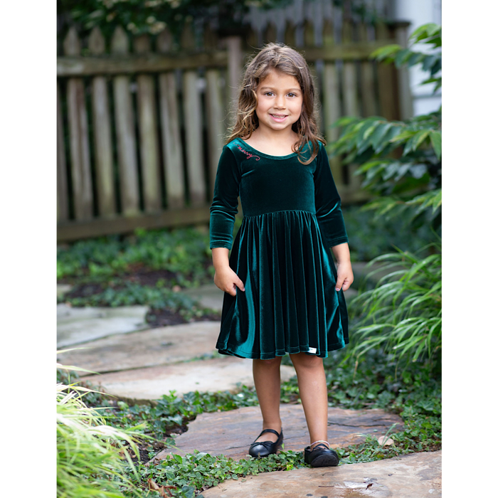 Worthy Threads Holiday Twirly Dress in Emerald Velvet