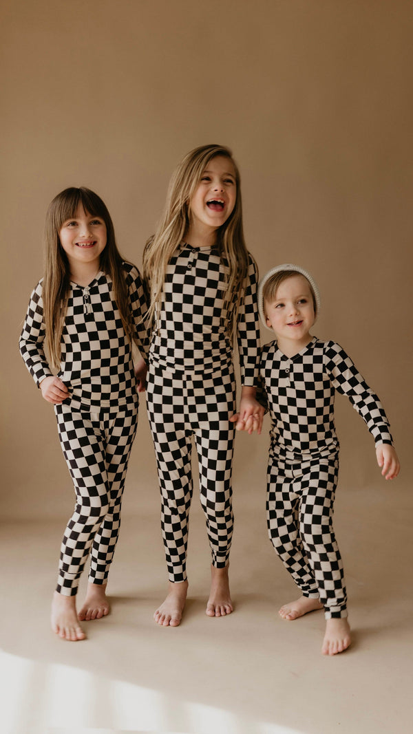 forever french baby Bamboo Two Piece Pajamas | Black Checkerboard