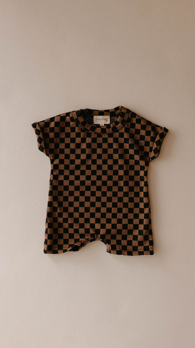 forever french baby Black & Brown Checkerboard | Short Sleeve Ribbed Romper