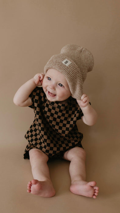 forever french baby Black & Brown Checkerboard | Short Sleeve Ribbed Romper