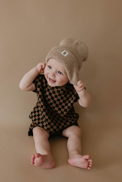 forever french baby Black & Brown Checkerboard | Short Sleeve Ribbed Romper