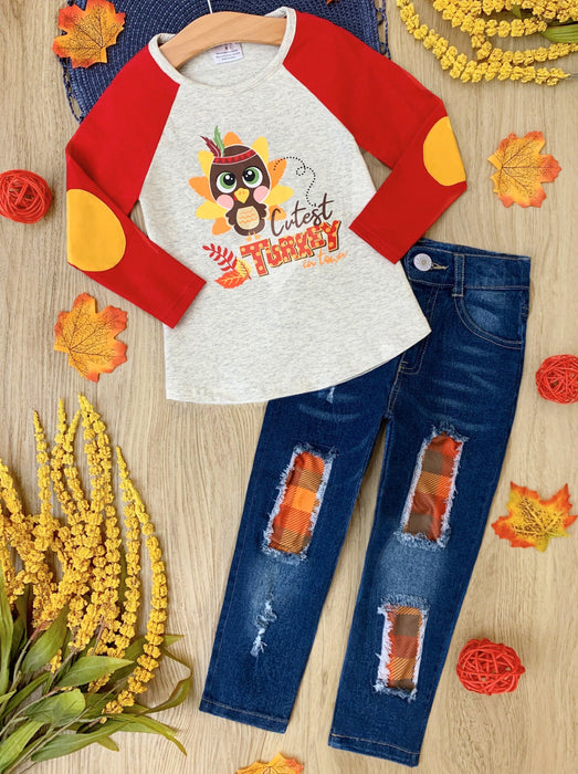 Mia Belle Girls Cutest Turkey Raglan Top and Patched Jeans Set