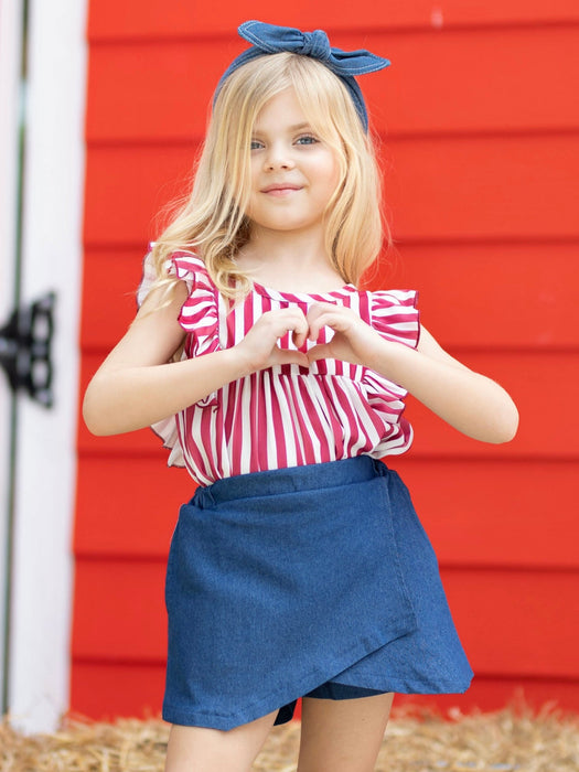 Mia Belle Girls Patriotic Red Striped Top and Blue Skort Set