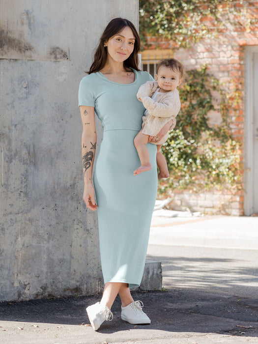 Kindred Bravely Olivia Ribbed Bamboo 2-in-1 Maternity & Nursing Dress | Dusty Blue Green