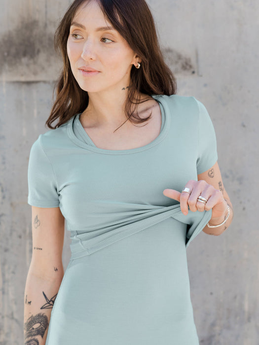Kindred Bravely Olivia Ribbed Bamboo 2-in-1 Maternity & Nursing Dress | Dusty Blue Green