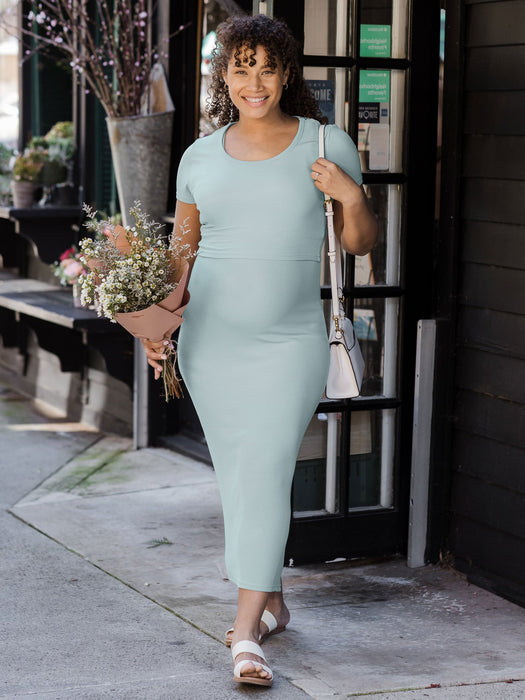 Kindred Bravely Olivia Ribbed Bamboo 2-in-1 Maternity & Nursing Dress | Dusty Blue Green