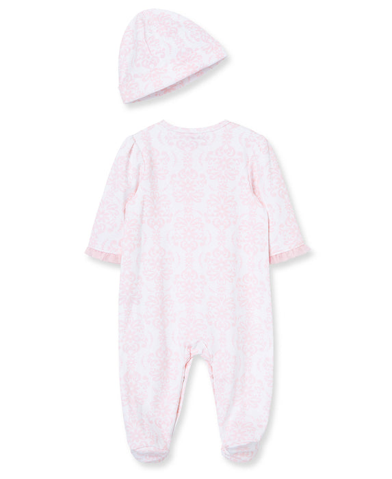 Little Me Damask Scroll Footie with Hat - Pink