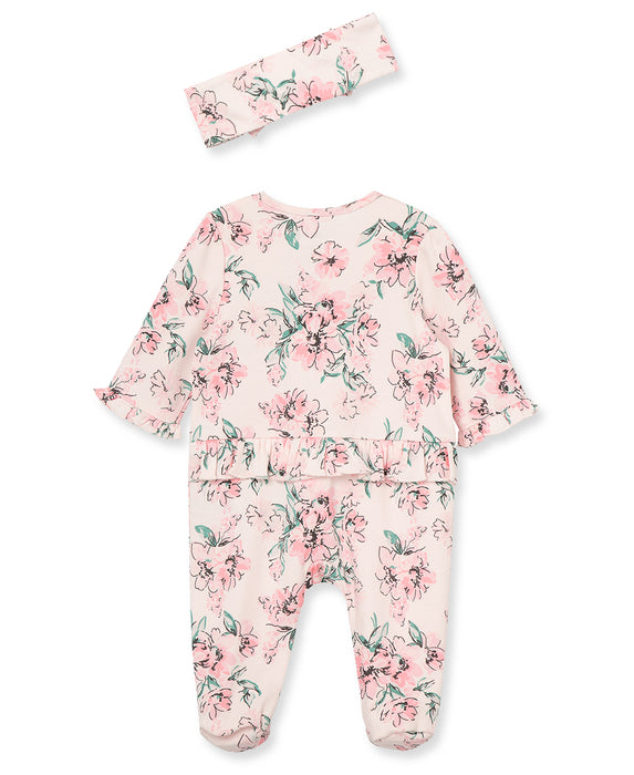 Little Me Dream Floral Footie with Headband - Pink Floral