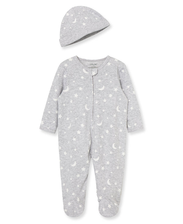 Little Me Moon & Stars Footie with Hat in Grey