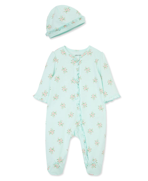 Little Me Delicate Floral Footie with Hat - Green