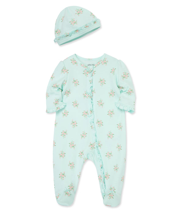 Little Me Delicate Floral Footie with Hat - Green