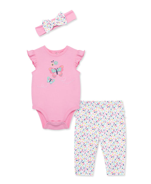 Little Me Pink Butterfly Bodysuit, Pant and Headband Set